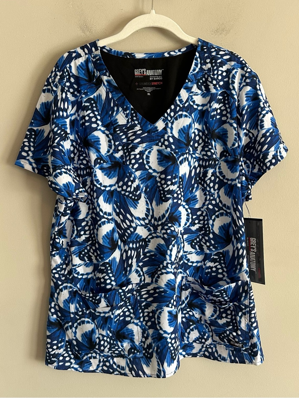 NWT Grey's Anatomy Spandex STRETCH Butterfly Blues Scrub Top XL